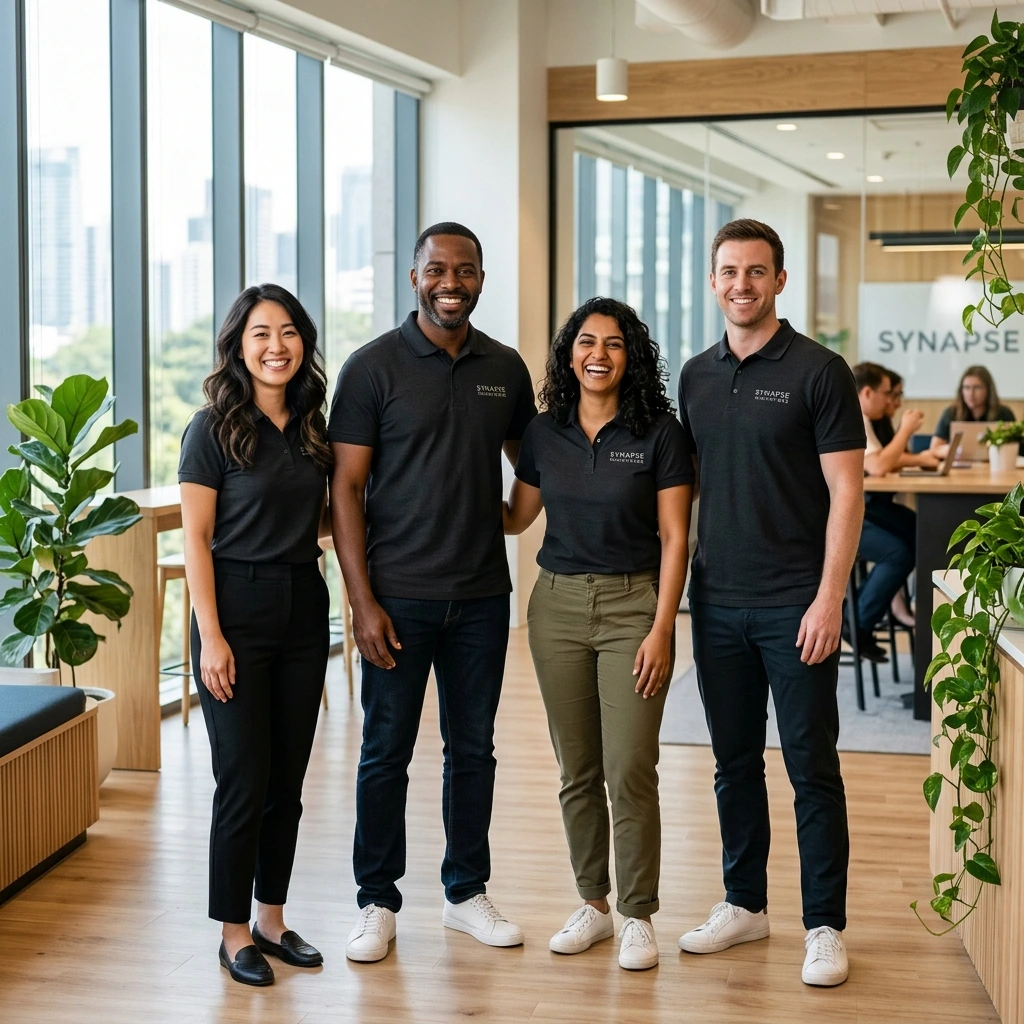 A coordinated corporate team wearing custom branded polo shirts