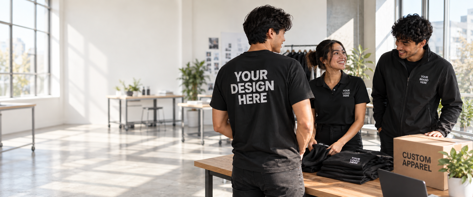 Three people showcasing custom branded black t-shirts, a polo and a jacket in a sunlit apparel studio