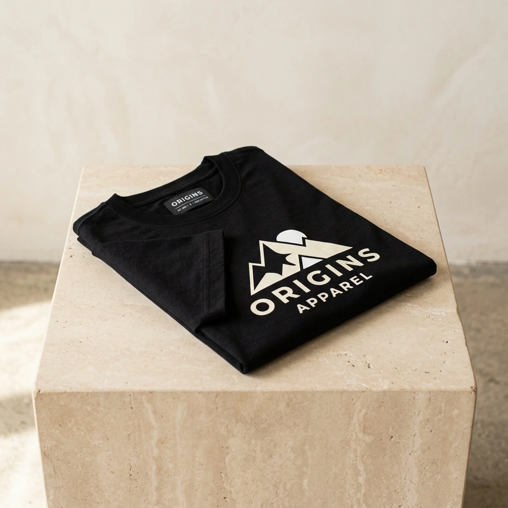 Folded custom branded black t-shirt with screen-printed art